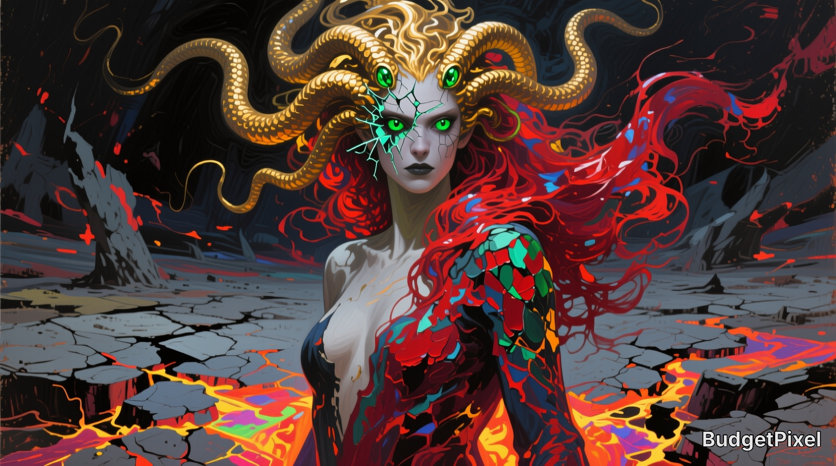 Fantasy Medusa-like female figure with green glowing eyes, gold snakes in her hair, red hair, and a volcanic cracked lands...