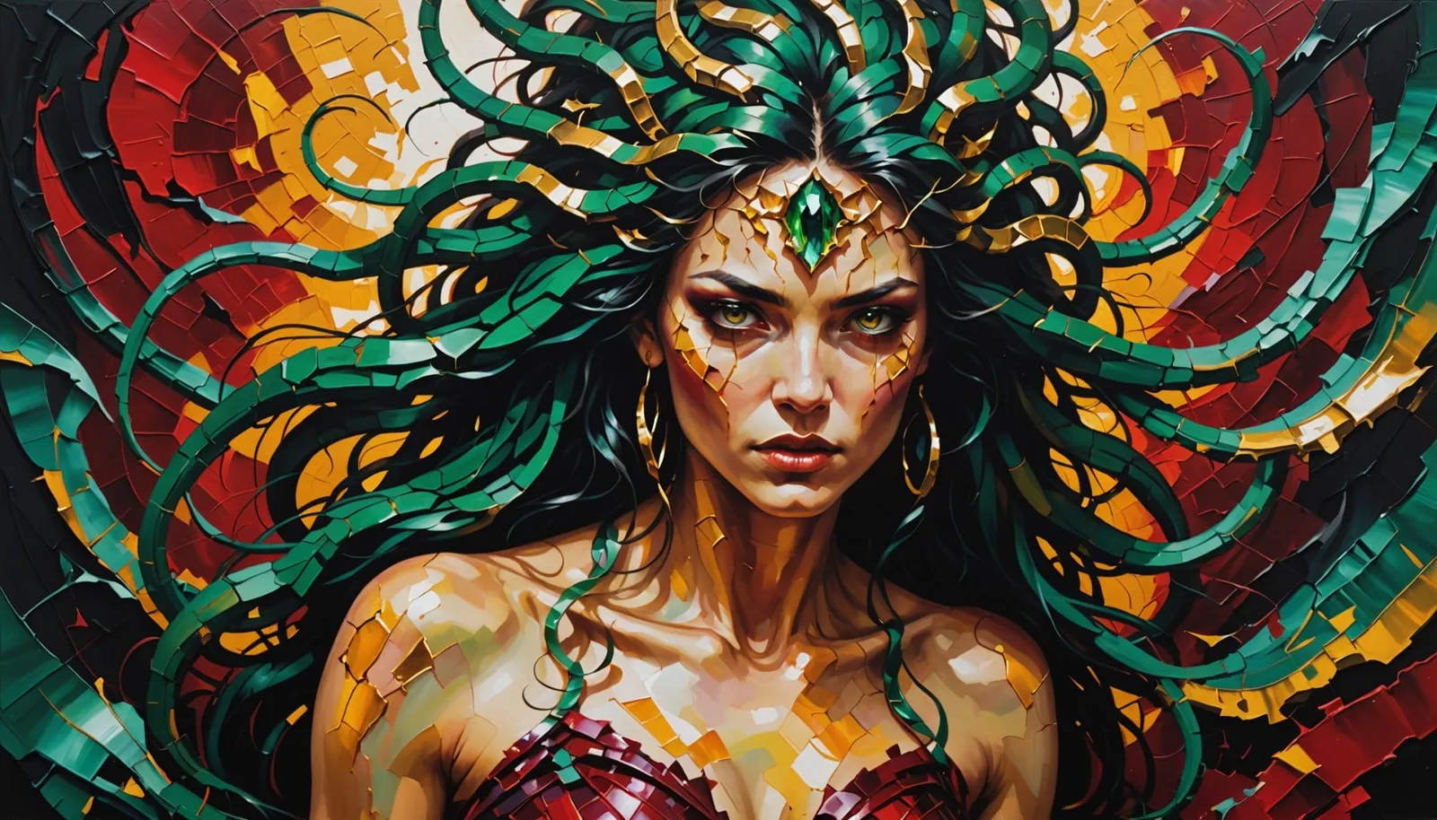 Fantasy portrait of a woman with serpentine green hair and mosaic armor.