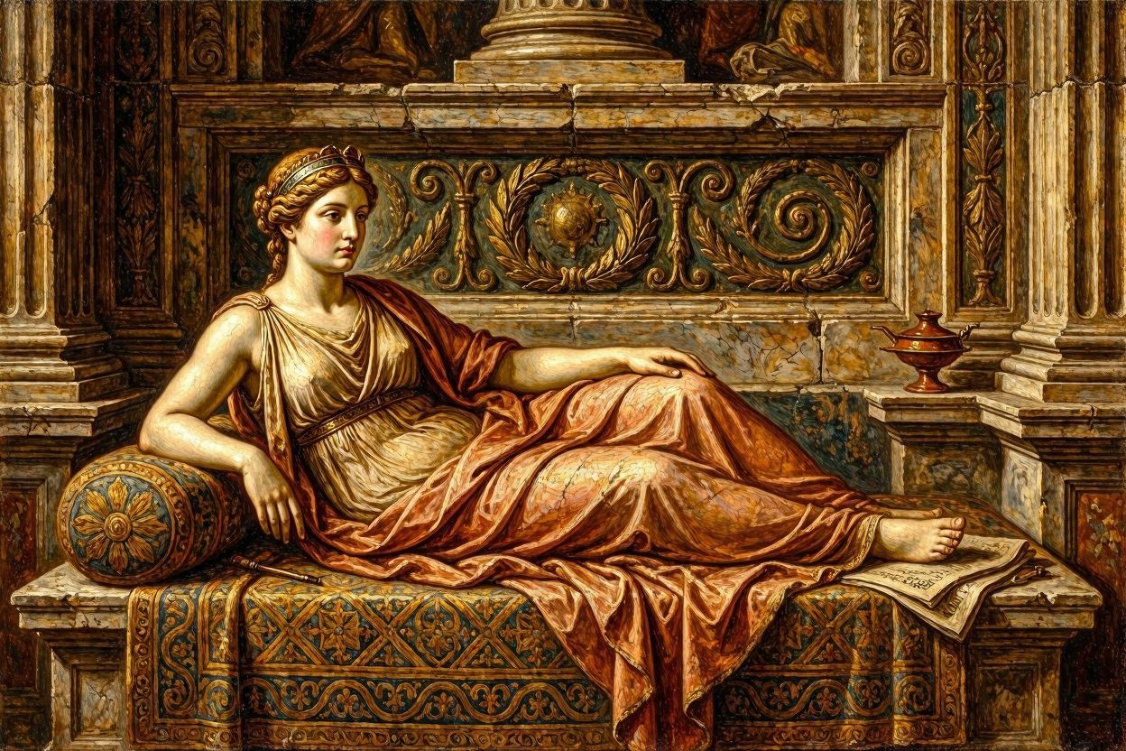 Reclining woman in a gold-rose gown on an ornate patterned couch amid an antique architectural backdrop.