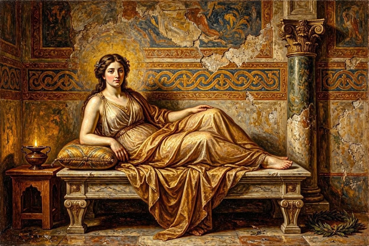 Reclining woman in a flowing gold gown on a marble bench amid ornate, weathered wall frescoes.