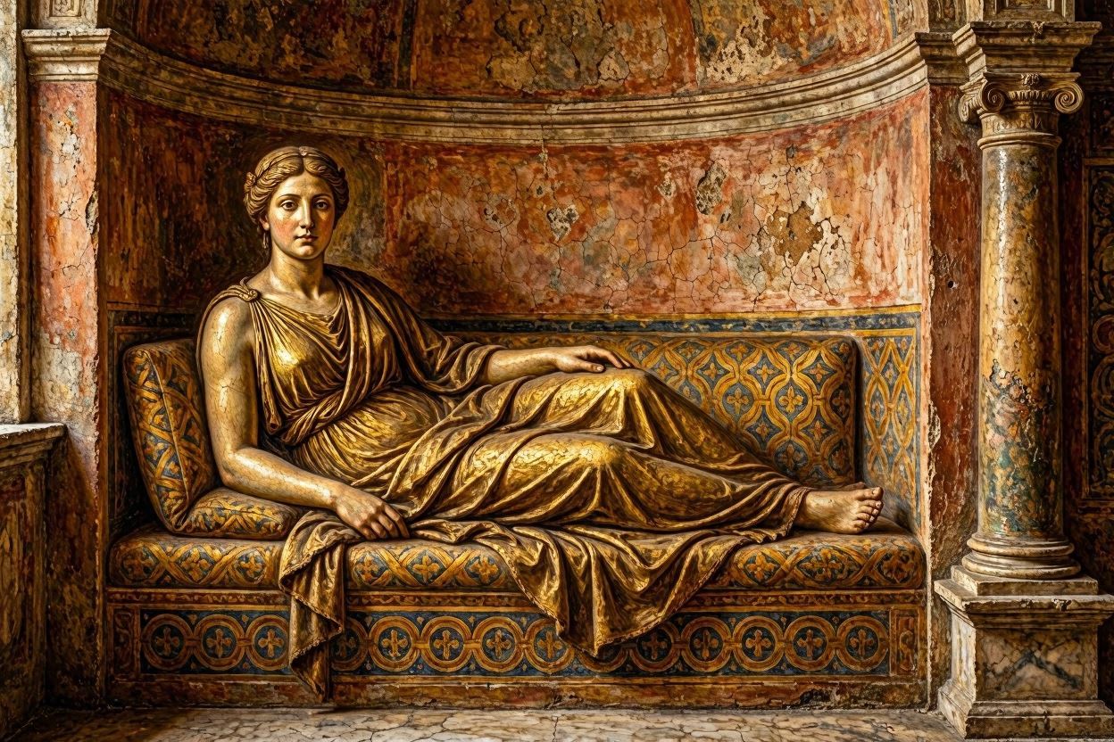 Gold-clad reclining female statue on an ornate patterned couch in a frescoed, antique interior