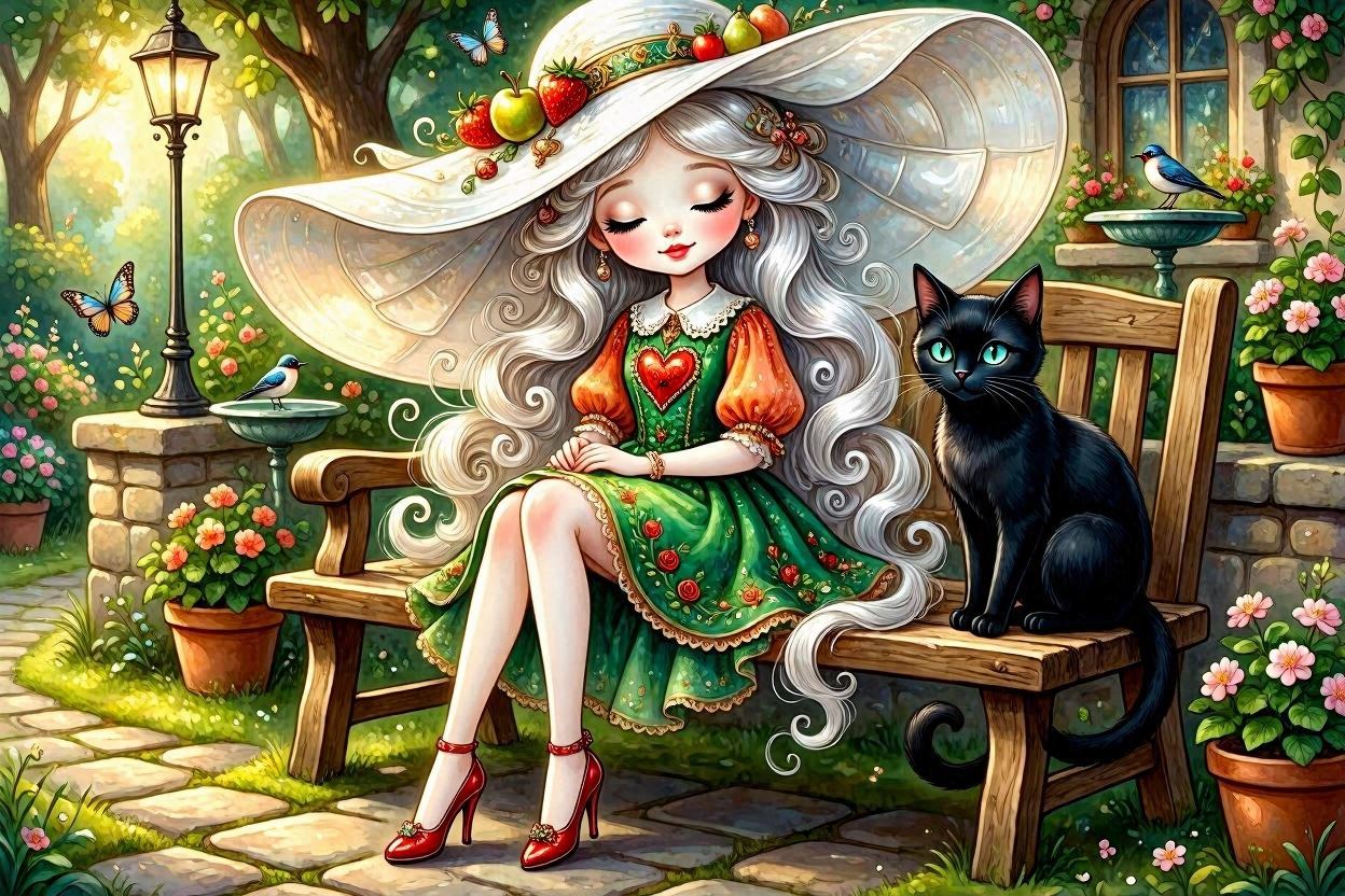 Whimsical girl with oversized hat and a black cat sitting on a garden bench in a sunny, flower-filled yard.