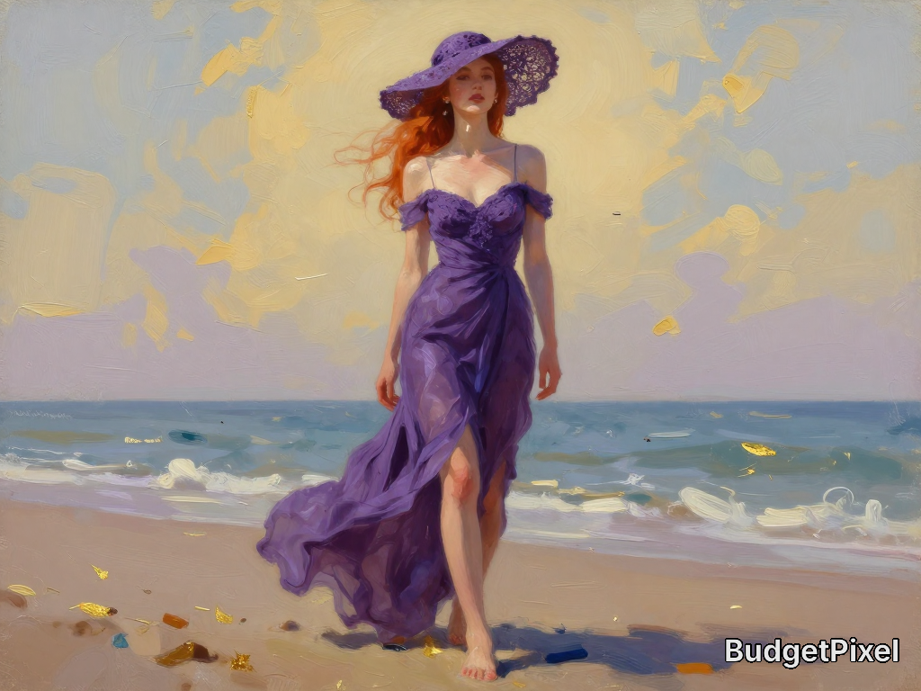 Impressionist painting of a woman in a flowing purple dress and wide-brim hat strolling on a sunny beach.