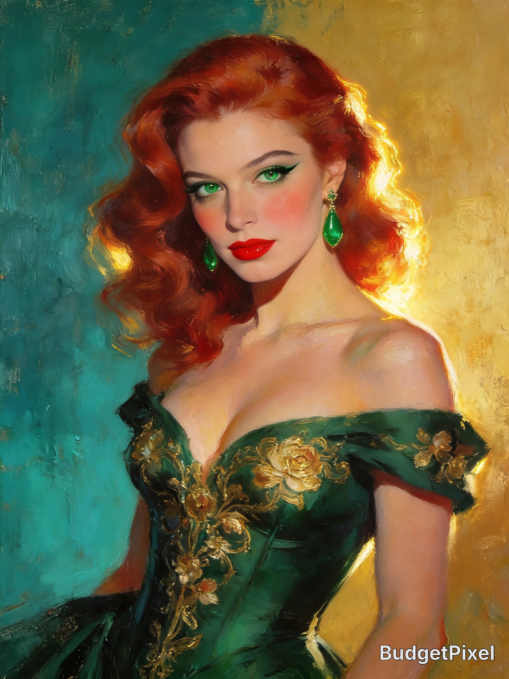 Portrait of a red-haired woman in an emerald off-shoulder gown with gold embroidery and green earrings.