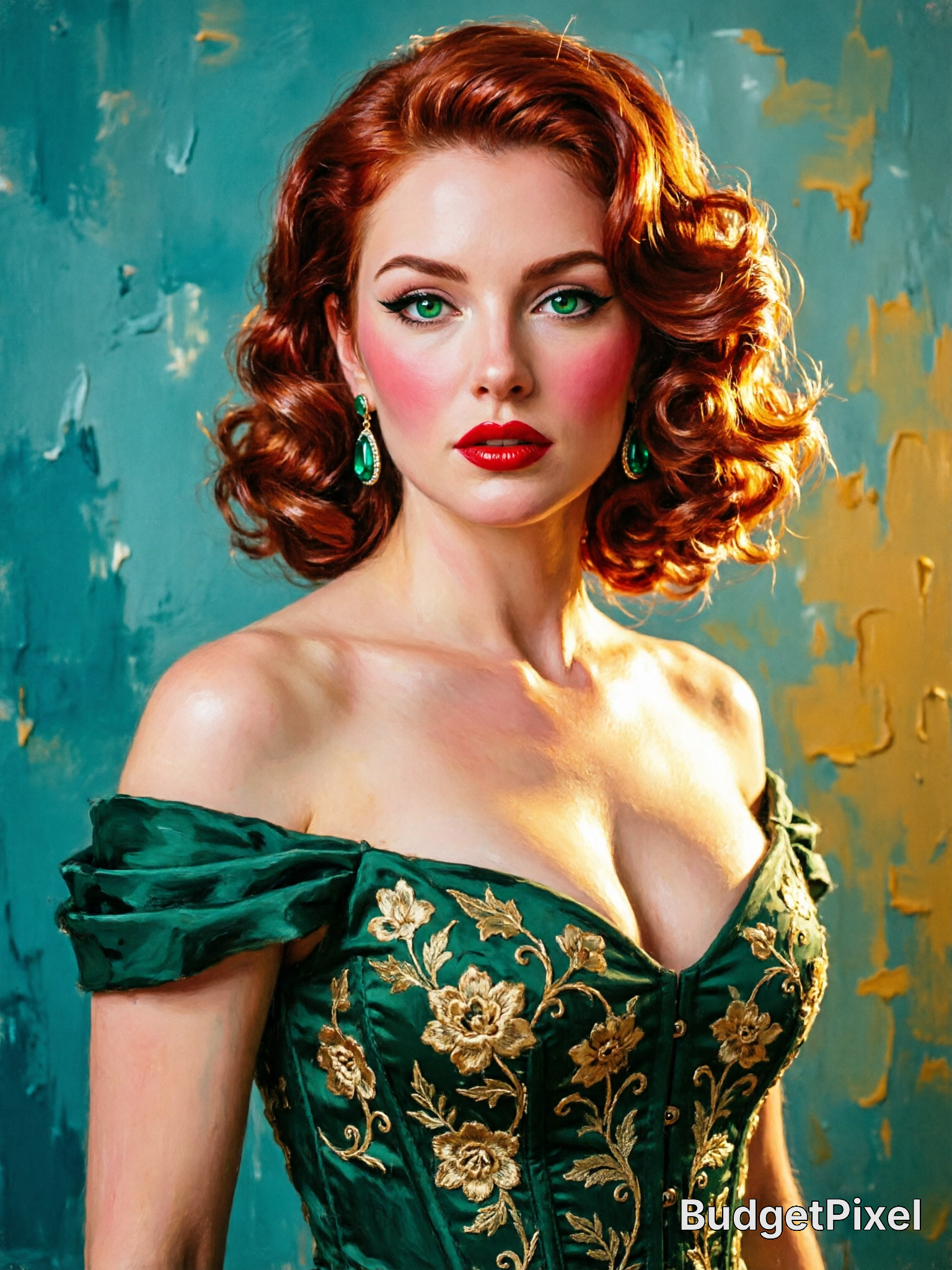 Vintage-inspired woman with red hair in a green embroidered off-shoulder gown.