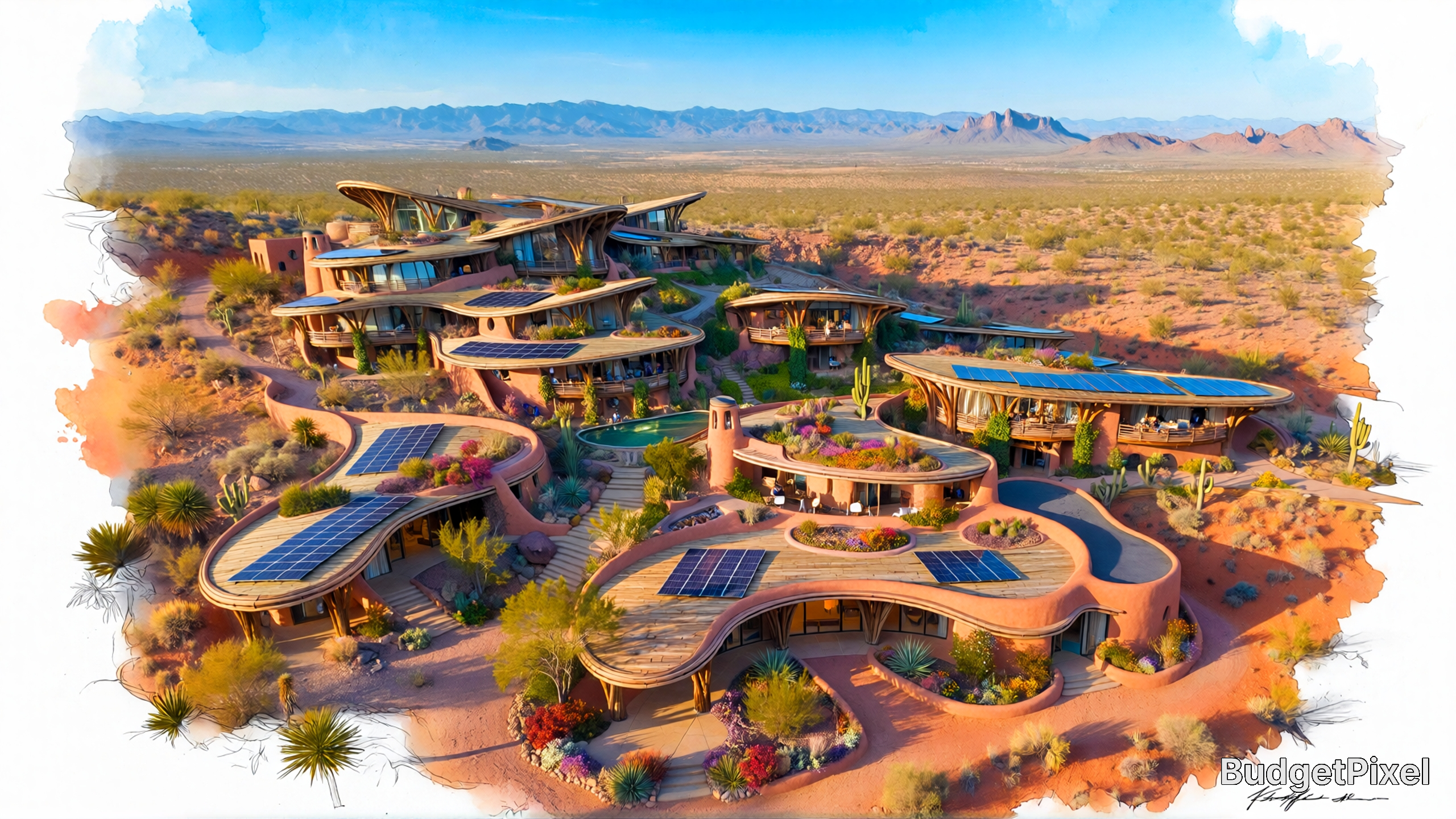 Desert eco-village with curved, solar-powered buildings and lush desert landscaping.