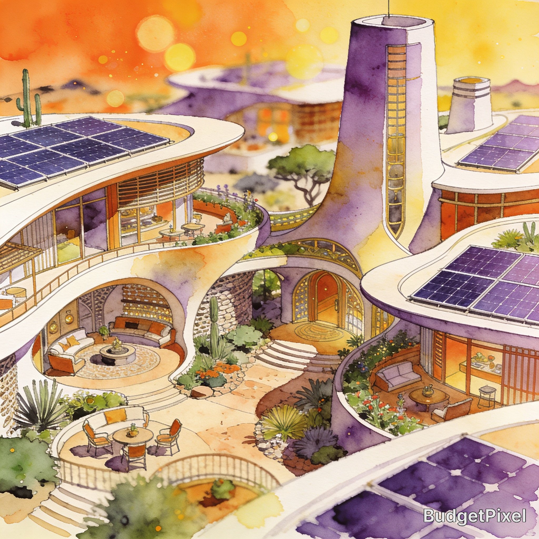 Watercolor illustration of a futuristic eco-city with curved white buildings and rooftop solar panels at sunset.