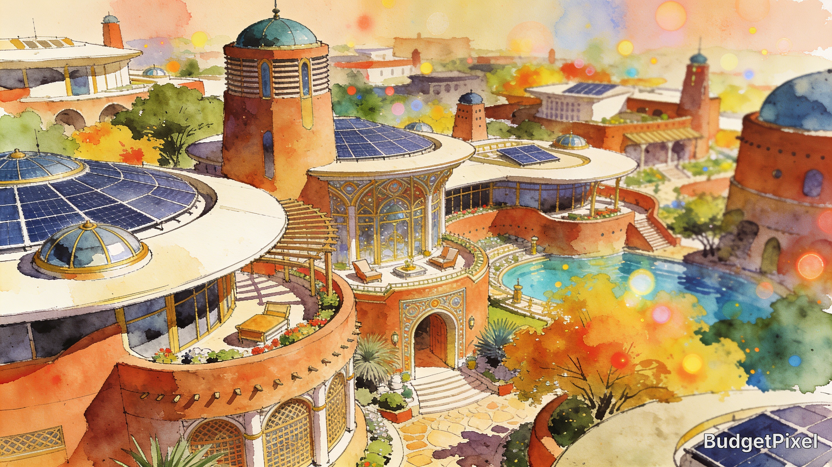 Colorful watercolor illustration of a futuristic city with domed buildings, solar panels, terraces, and a winding river.