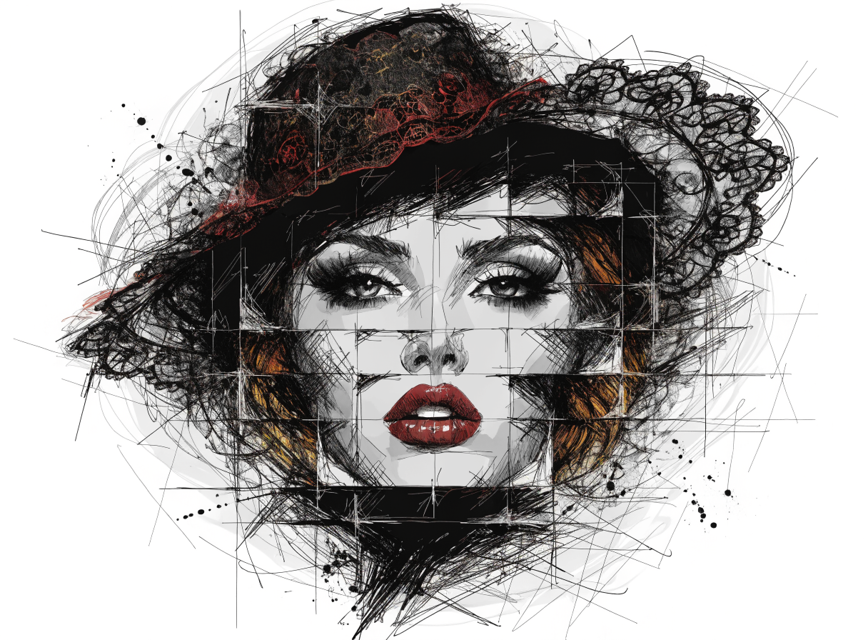 A artistic sketch of a woman's face wearing a black hat with red lips, created with scribbled lines and a grid overlay.