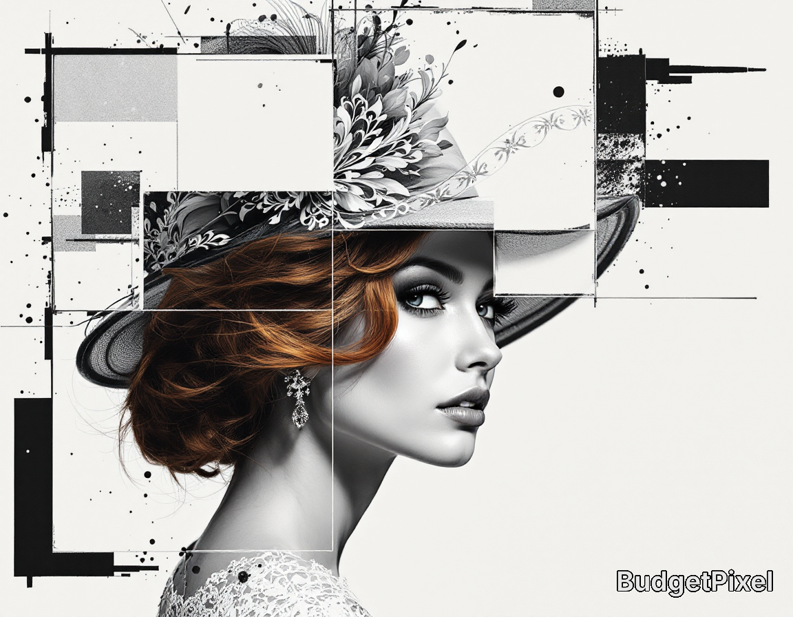 Stylized black-and-white portrait collage of a woman with a floral hat and orange hair.