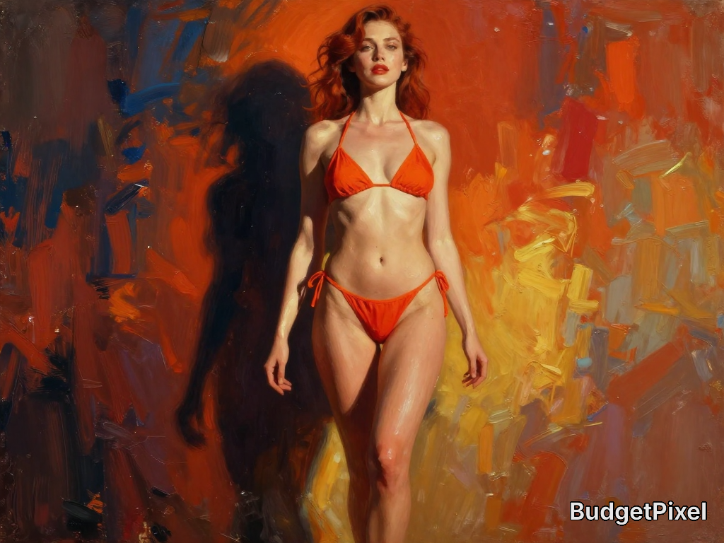 Woman in an orange bikini stands in a bold, abstract painted background.
