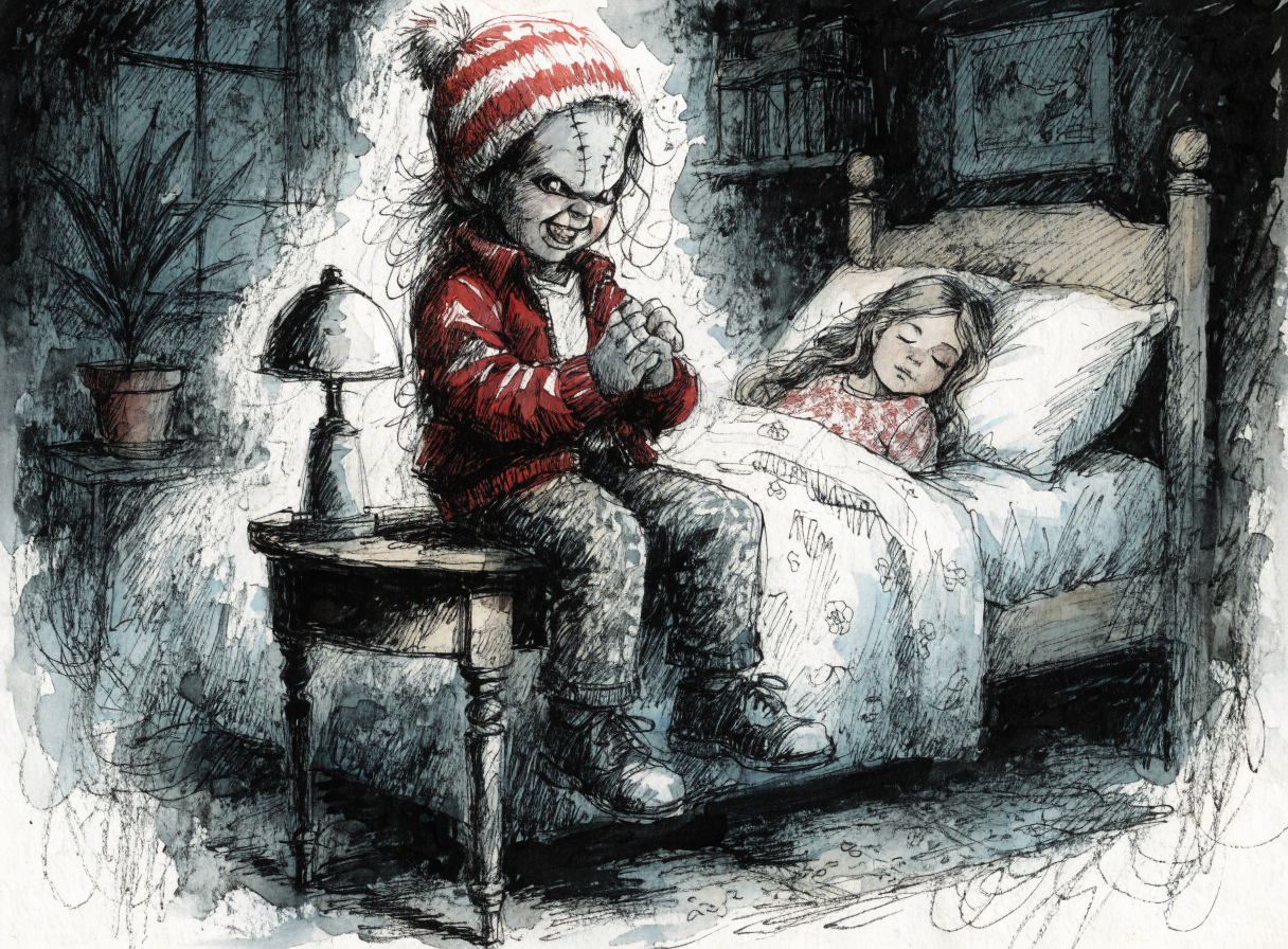 A mischievous child in a red jacket and striped hat sits on a chair beside a bed where a girl sleeps.