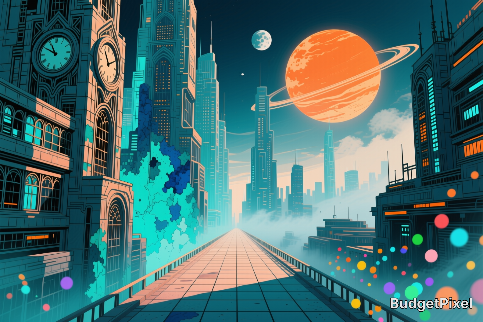 Futuristic cityscape with a long walkway, teal skyscrapers, and a large orange ringed planet in the sky.