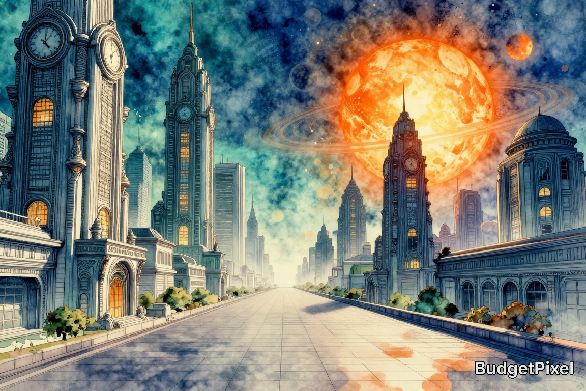 A futuristic fantasy city skyline with towering ornate skyscrapers, a wide central plaza, and a giant orange ringed planet...
