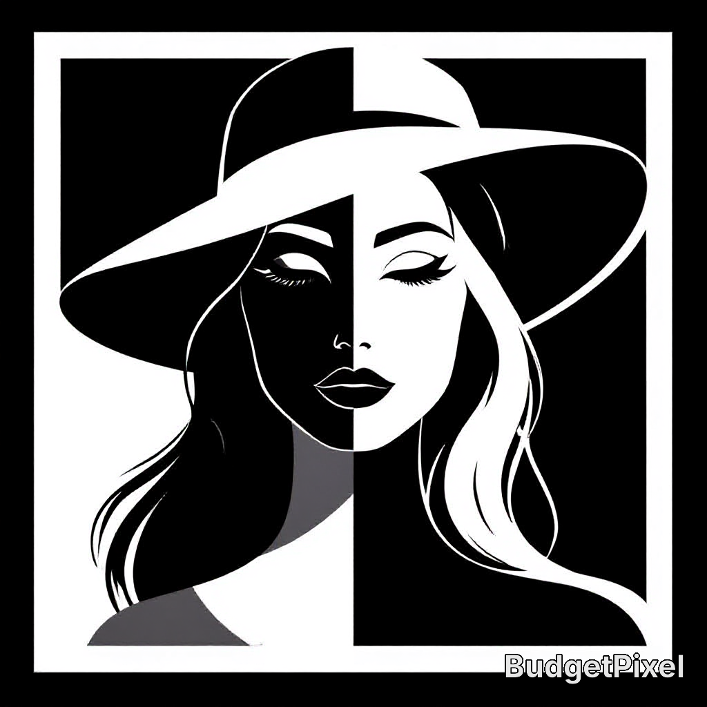 Stylized black-and-white portrait of a woman wearing a wide hat, featuring a split-tone face.