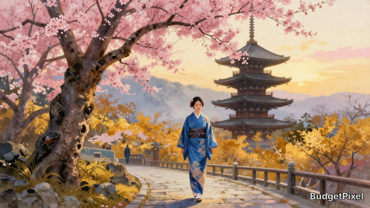 Woman in a blue kimono walking along a stone path with cherry blossoms and a pagoda in a warm autumn landscape.