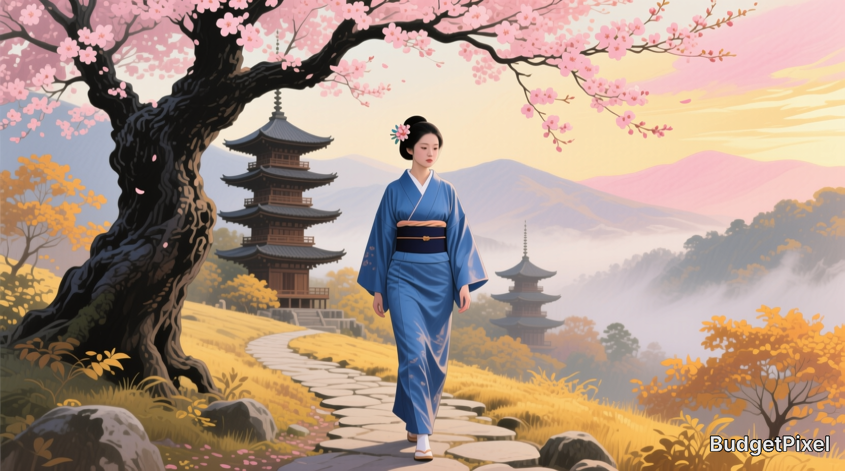 Woman in blue kimono walking along a stone path under cherry blossoms with pagodas in a golden autumn landscape.