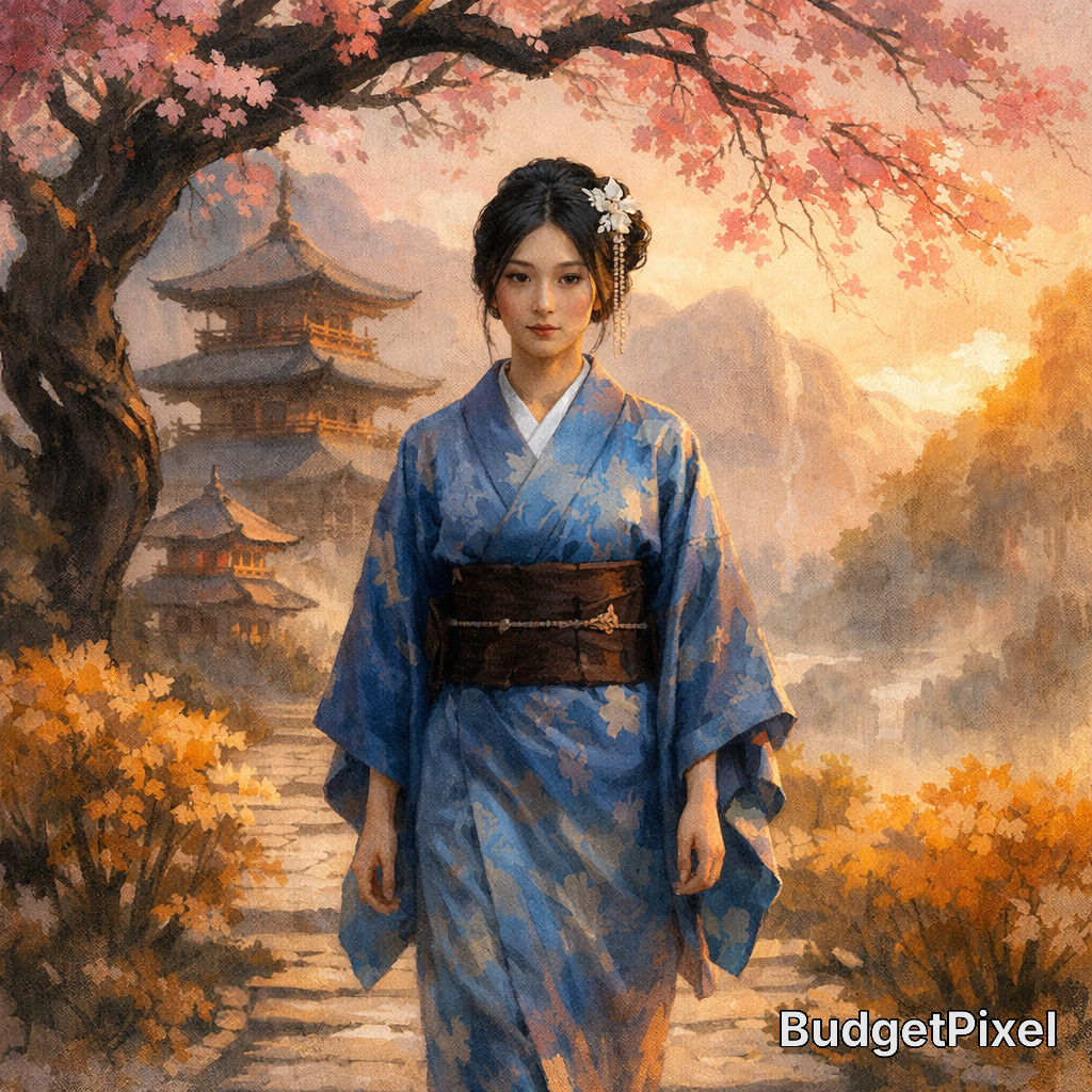 Woman in a blue kimono with obi standing in an autumn garden with a pagoda backdrop.
