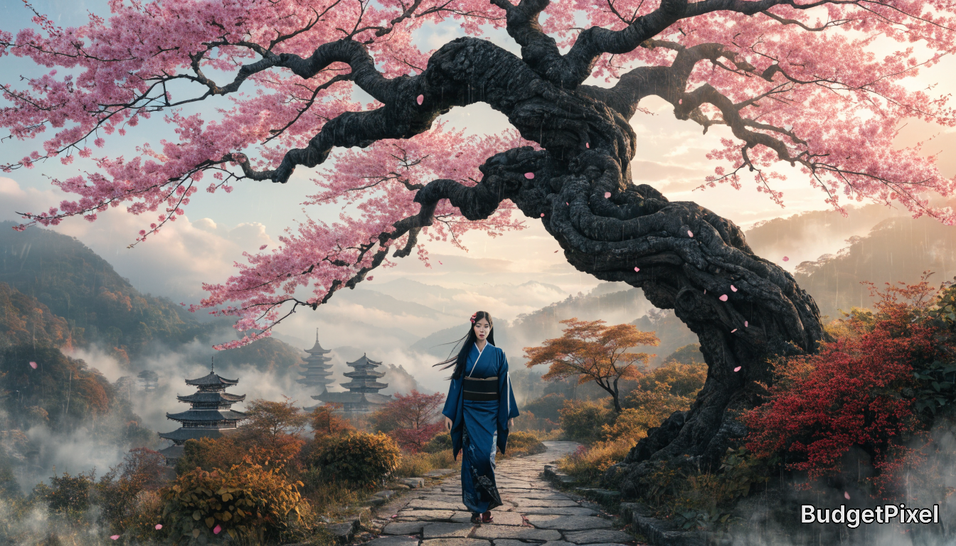 A woman in a blue kimono walks along a stone path beneath a massive pink cherry blossom tree with a misty, mountainous bac...