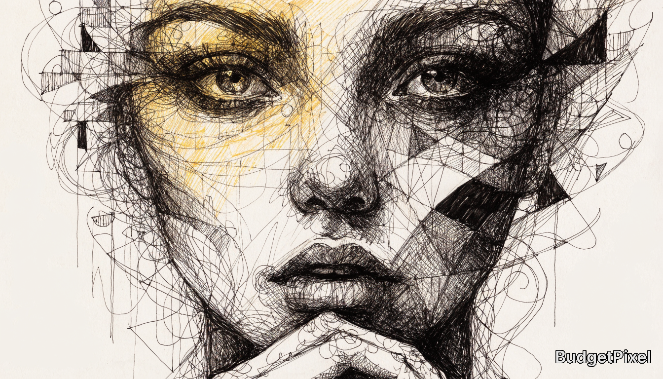 Abstract scribble portrait of a woman's face with geometric shapes and yellow accents.