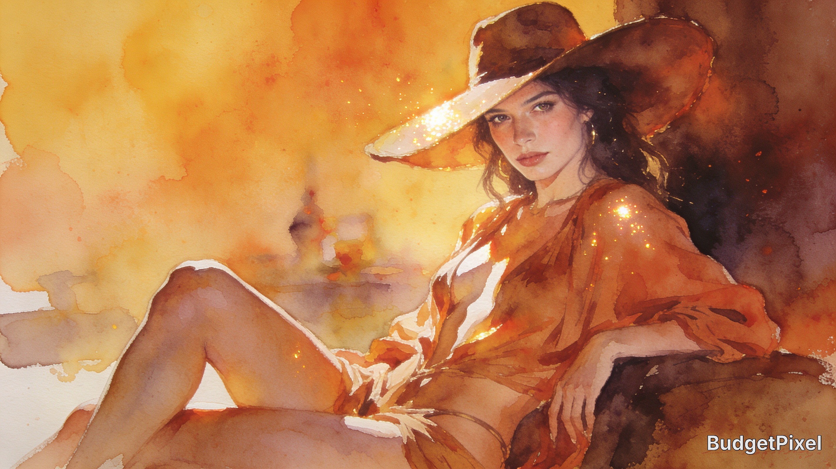 Watercolor-style portrait of a woman in a sunhat lounging in warm orange tones