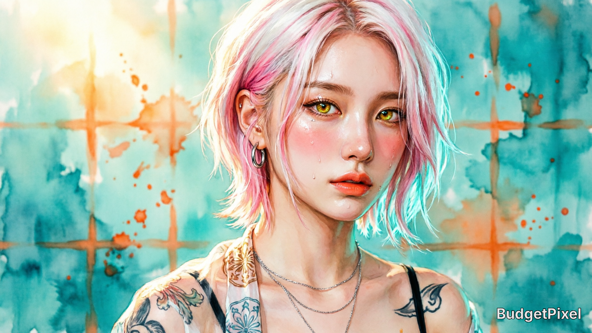 Portrait of a young woman with pink and blonde hair against a vibrant graffiti-style background.