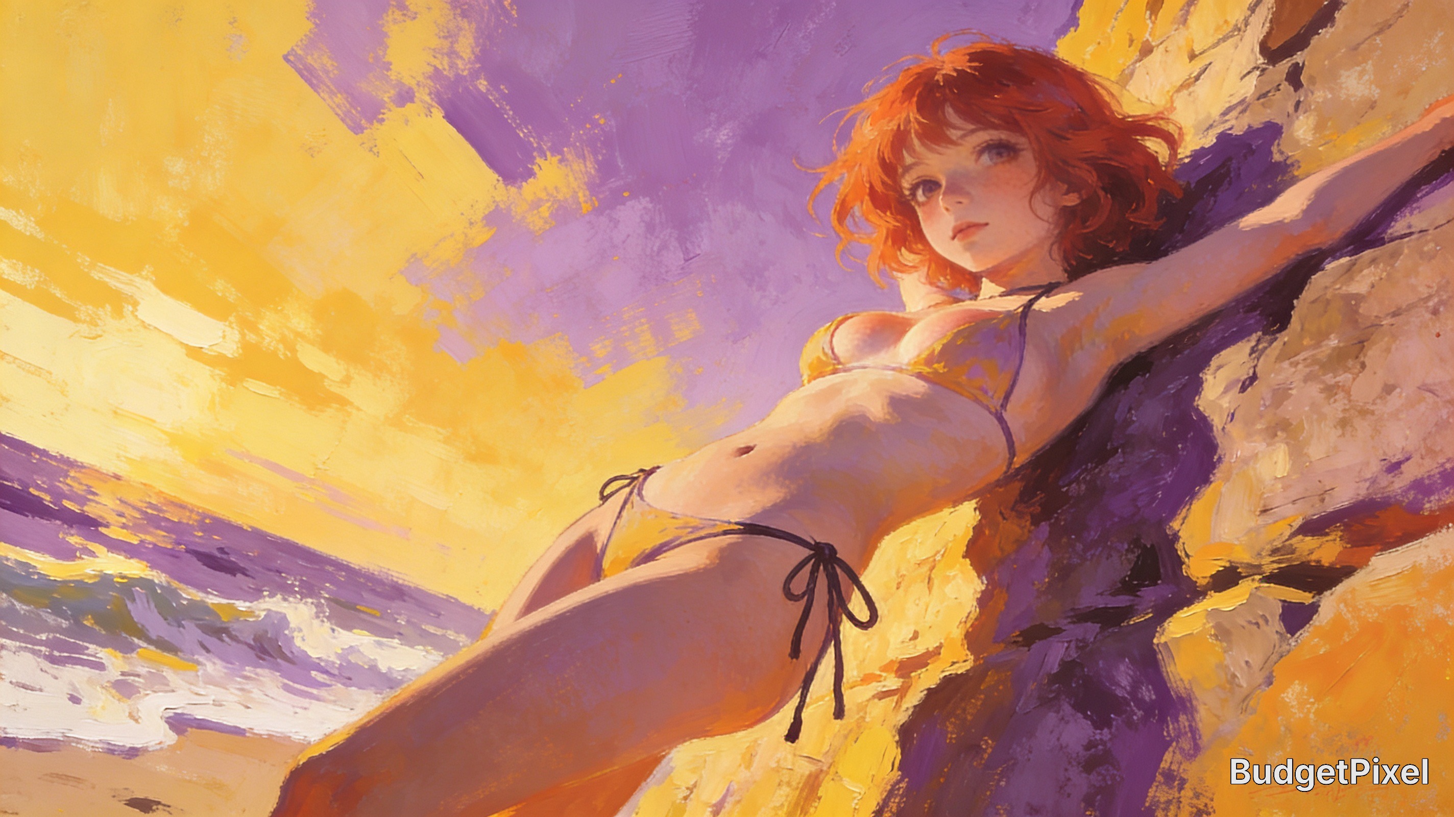 Impressionist-style painting of a red-haired woman in a bikini leaning on a rocky cliff at sunset beach.