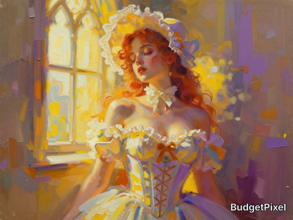 Woman with red hair in a Victorian white corset dress bathed in warm light by a window.