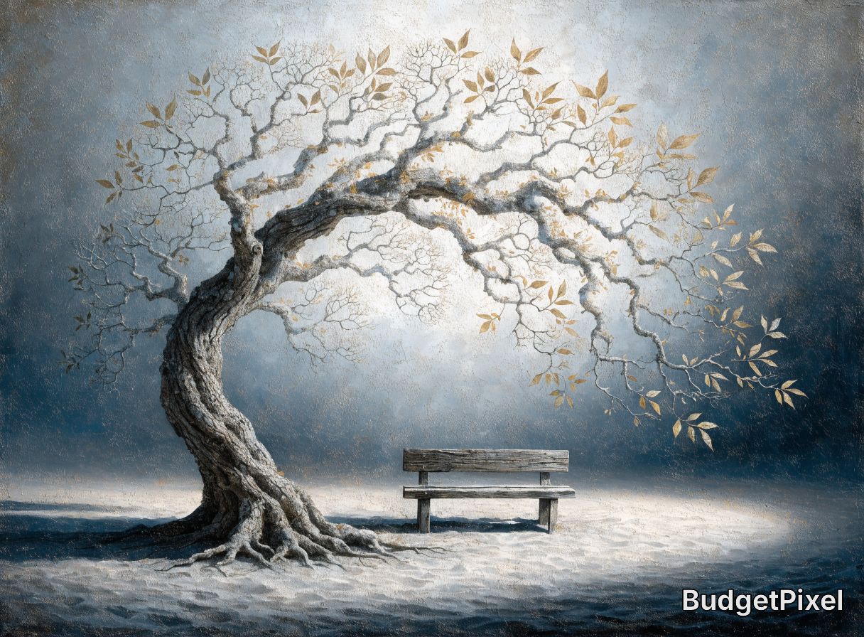 Curved ancient tree arching over a weathered wooden bench in a snowy, moonlit landscape.