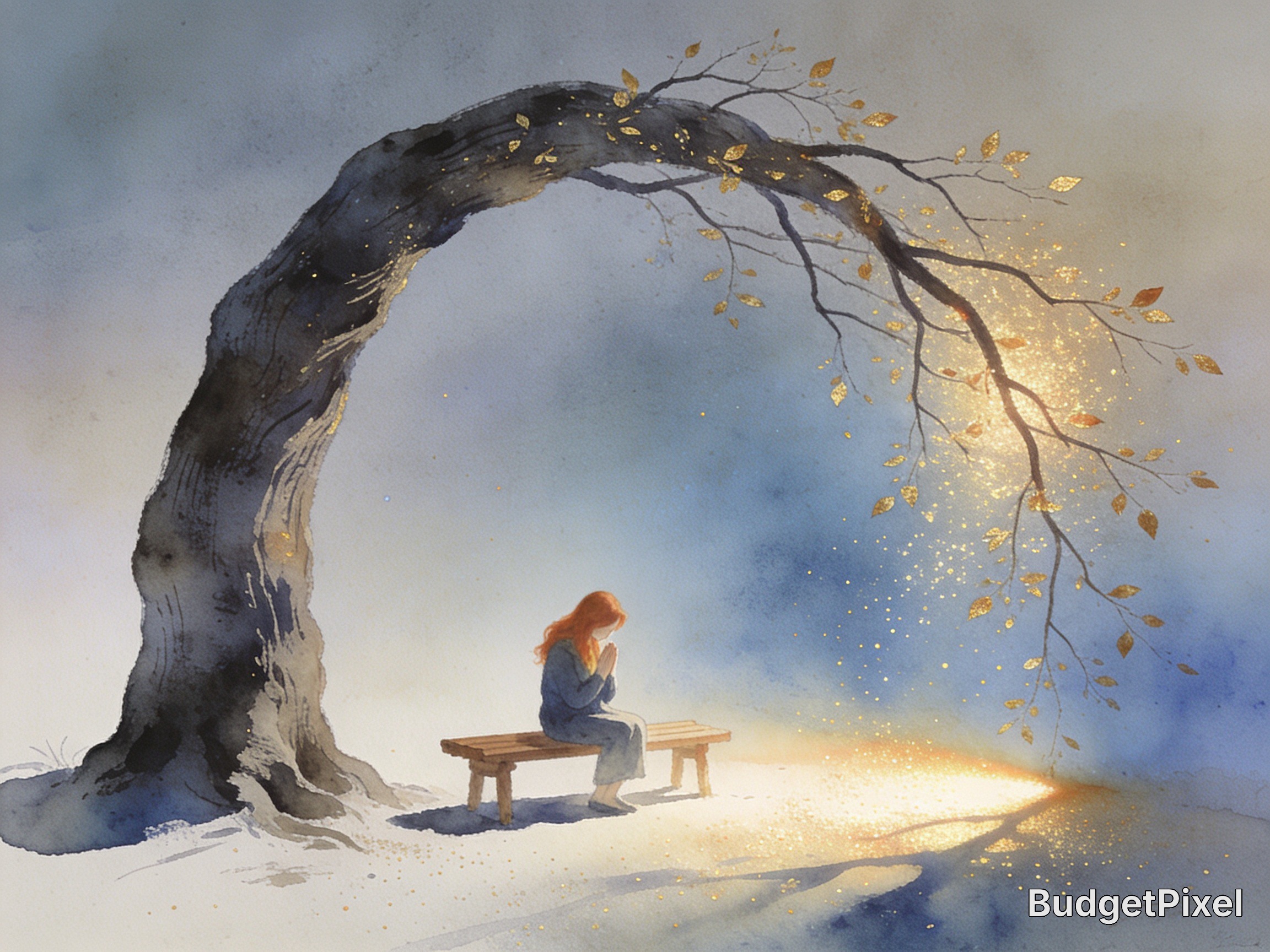 A watercolor painting of a girl with red hair sitting on a wooden bench under a curved tree with golden leaves.