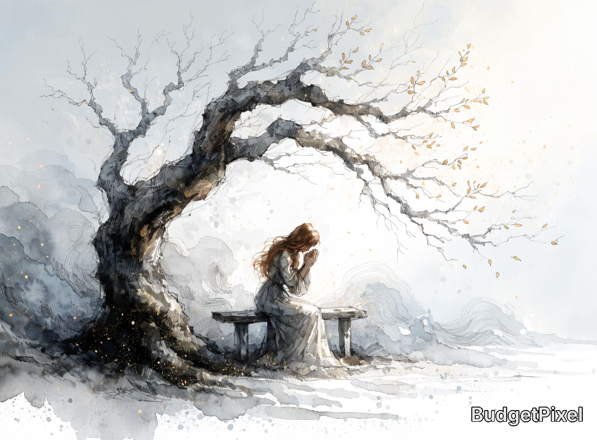 Watercolor illustration of a woman sitting on a bench beneath a twisted, leaf-sparse tree.