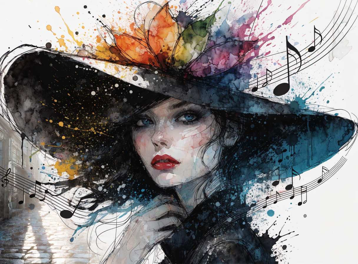Watercolor illustration of a woman in a wide-brim hat with colorful splashes and musical notes.