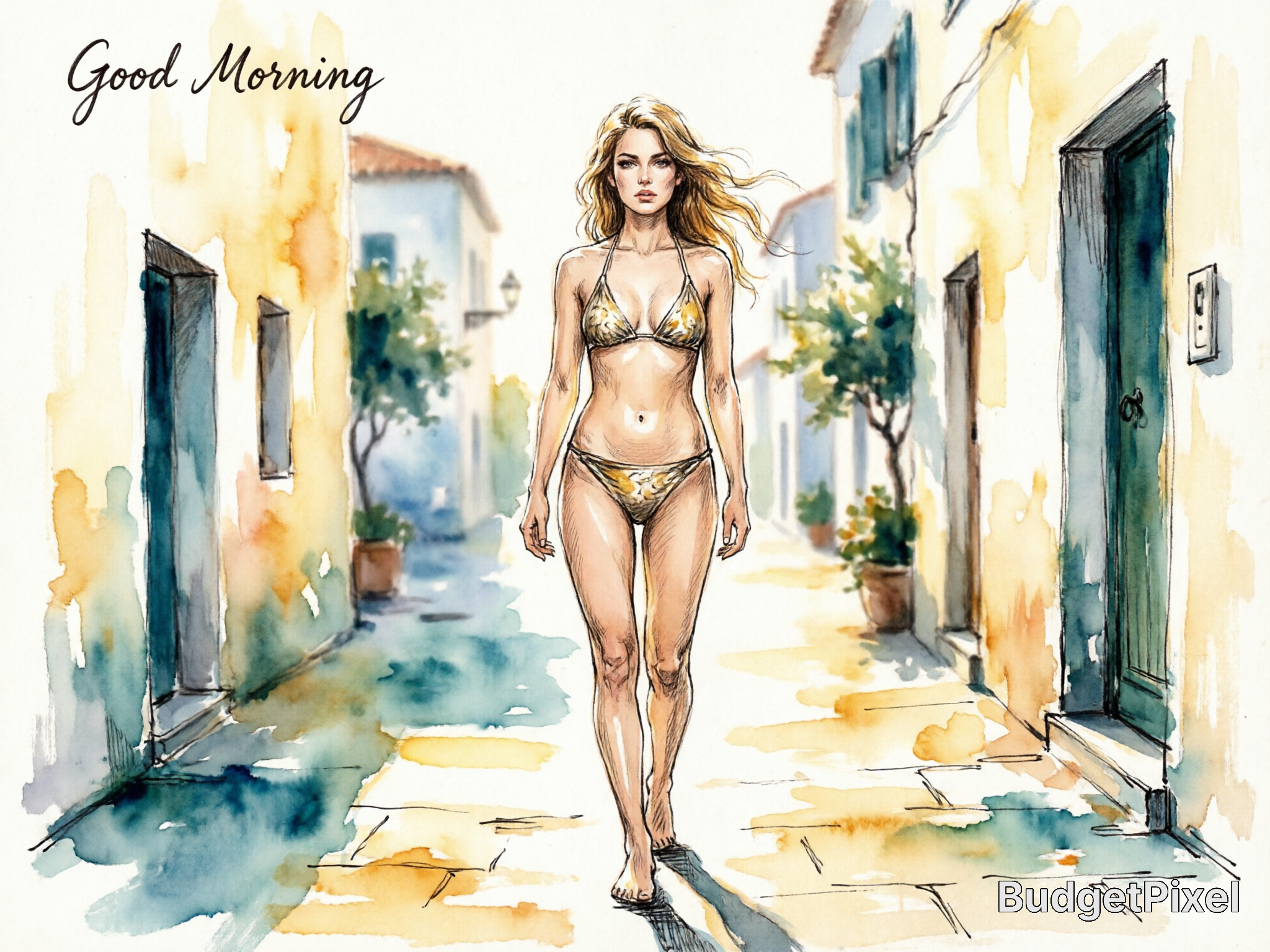 Watercolor illustration of a woman in a gold bikini walking a sunlit Mediterranean street.
