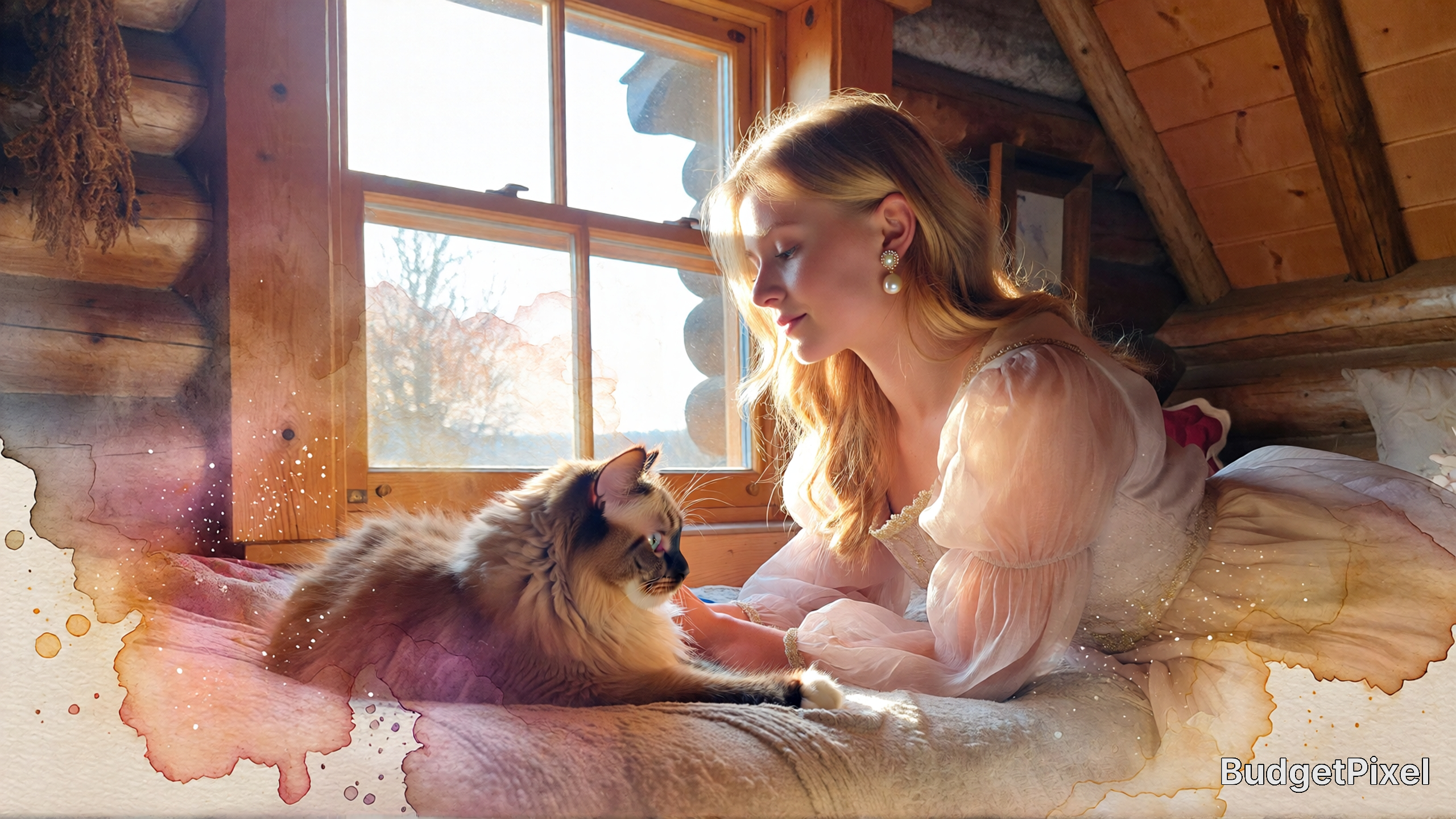 Woman in a pastel dress gently petting a fluffy cat on a sunlit rustic cabin bed.