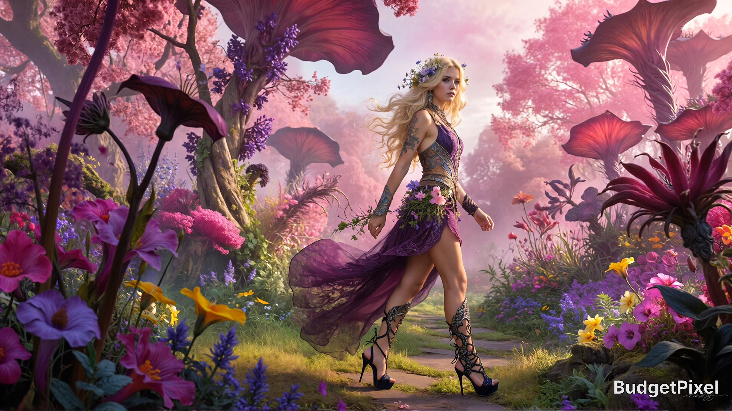 Fantasy female warrior in a flowing purple gown walking through a vibrant magical garden.