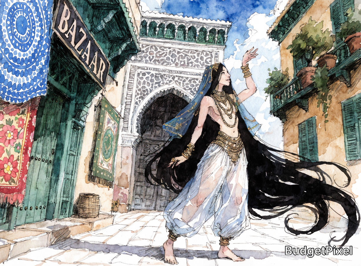 Woman in a flowing white outfit with gold jewelry walks through a colorful bazaar.