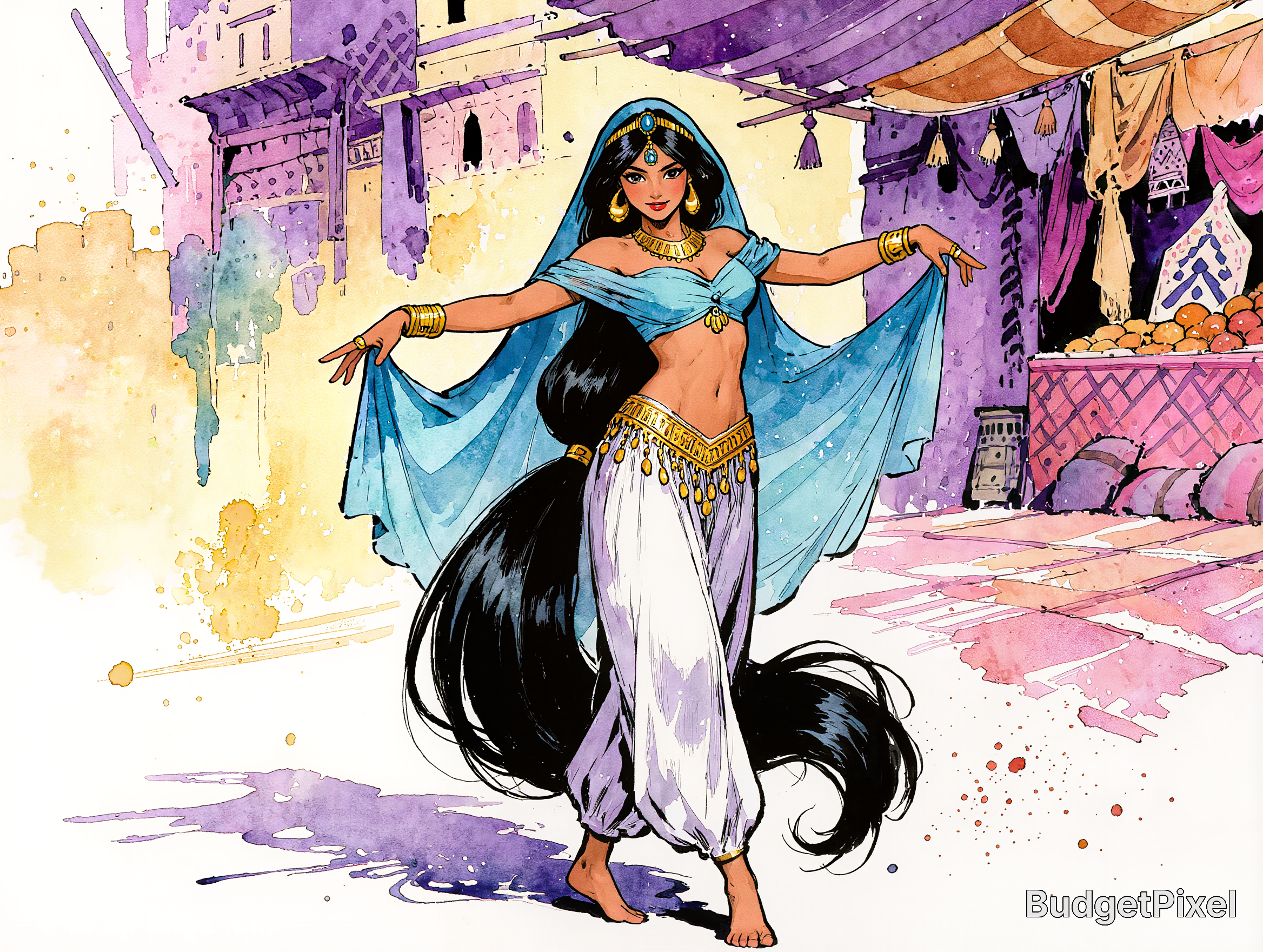 Illustrated belly dancer in a blue veil performing in a colorful bazaar.