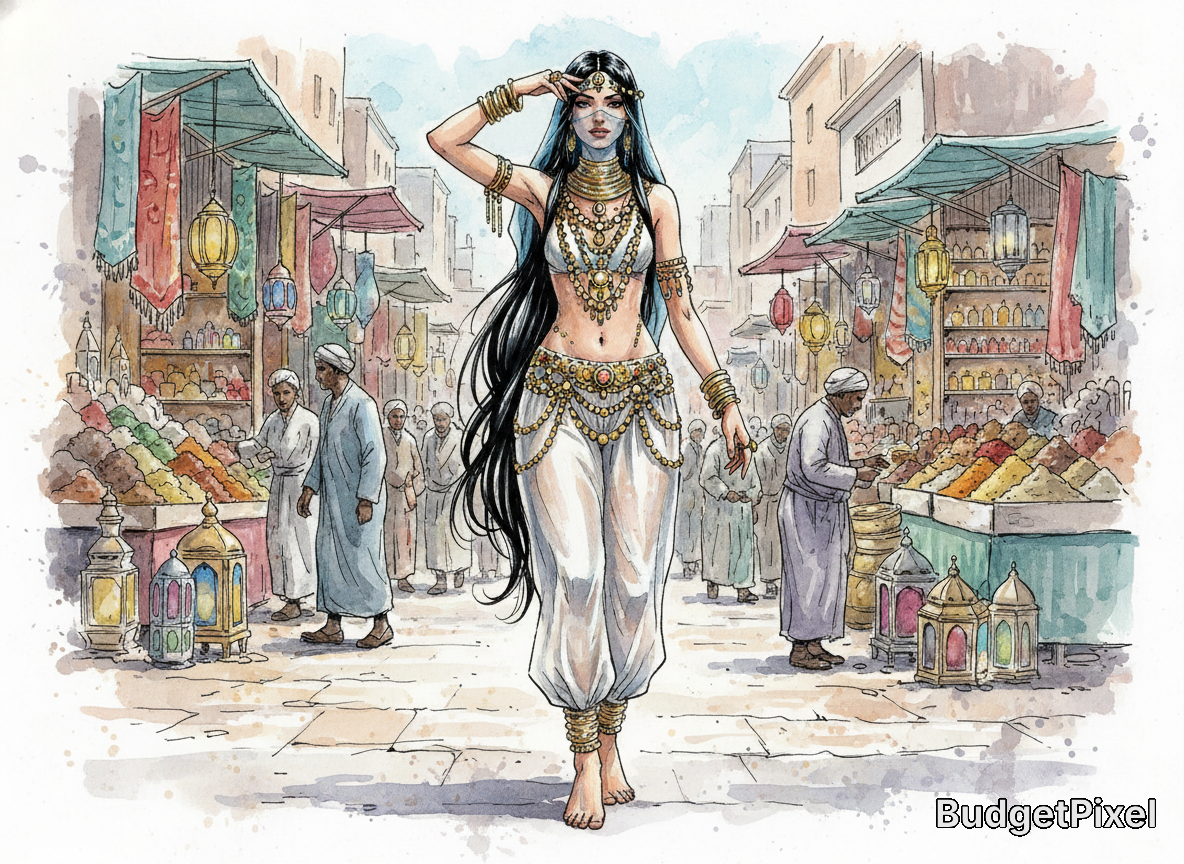 Illustrated belly dancer in ornate jewelry walking through a bustling market