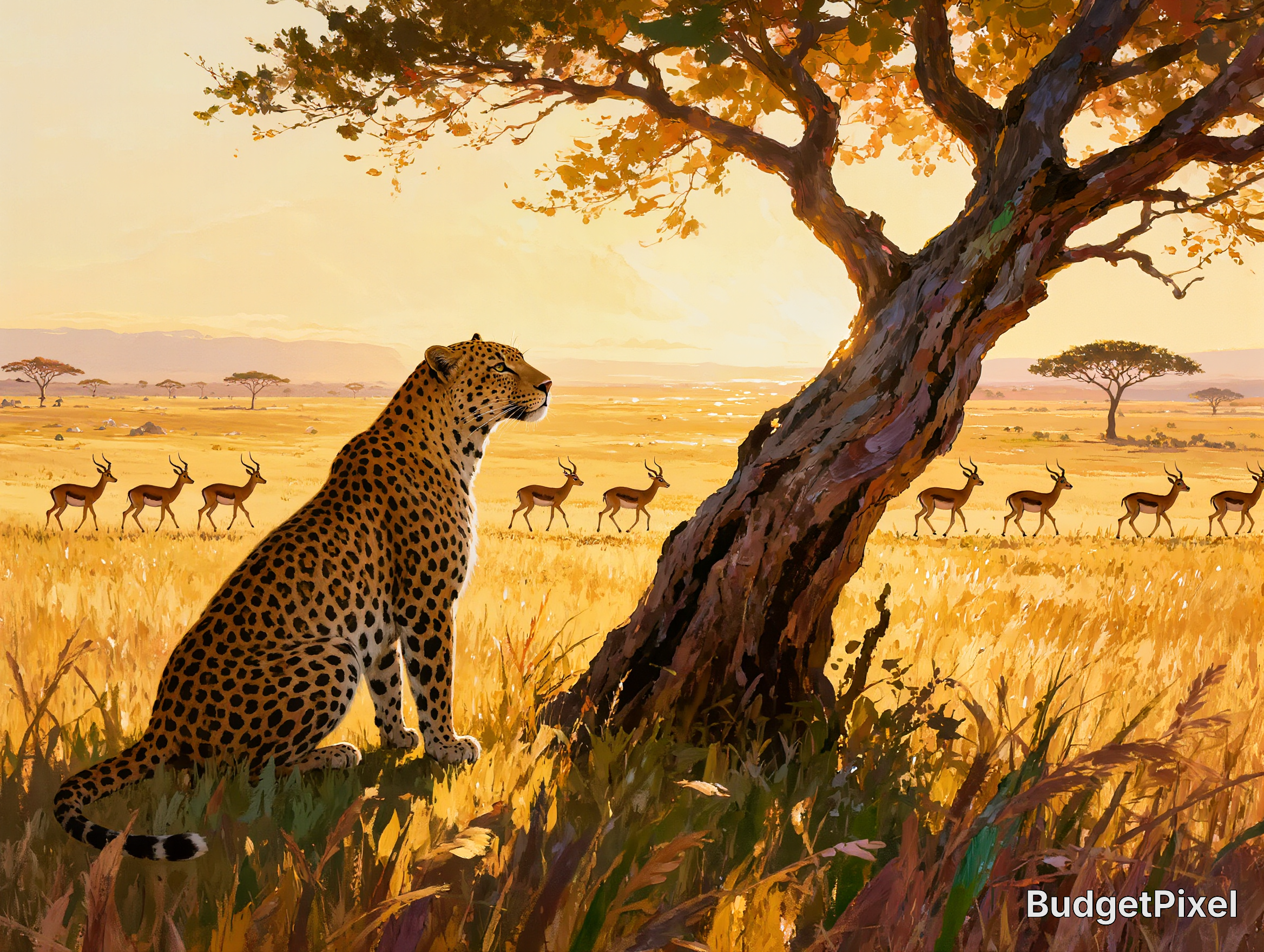 Leopard gazing over golden savannah beside a twisted tree at sunset.