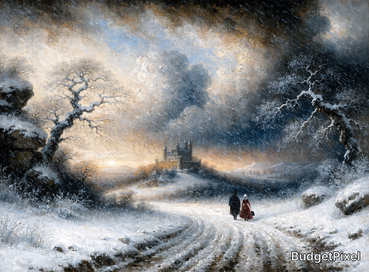 Snowy landscape with a distant castle and two figures walking along a winding road.