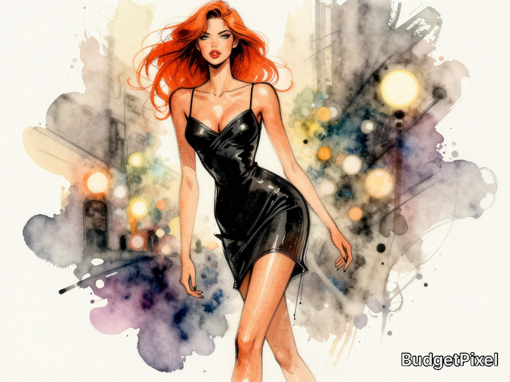 Stylish red-haired woman in a black mini dress walking against a watercolor cityscape backdrop.