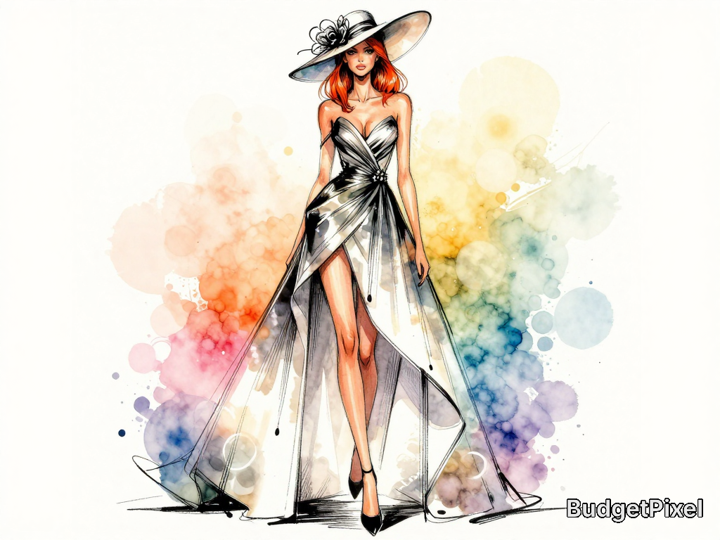 Fashion illustration of a woman in a white high-low gown and wide-brim hat with watercolor splash background.