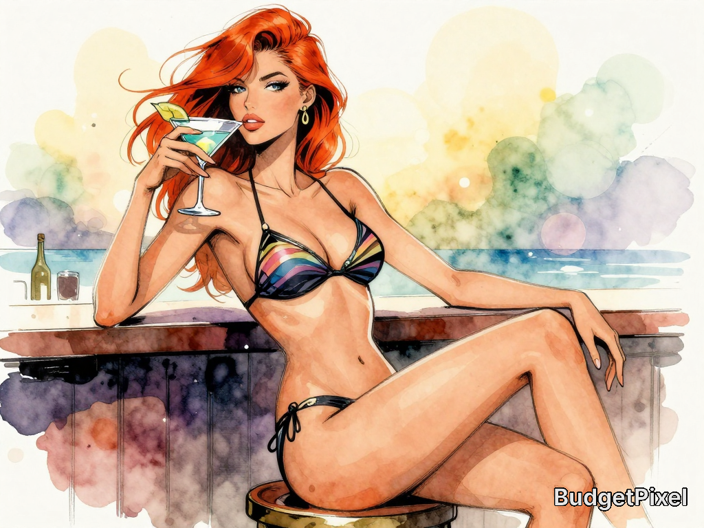 Illustration of a red-haired woman in a striped bikini sipping a cocktail at a seaside bar.