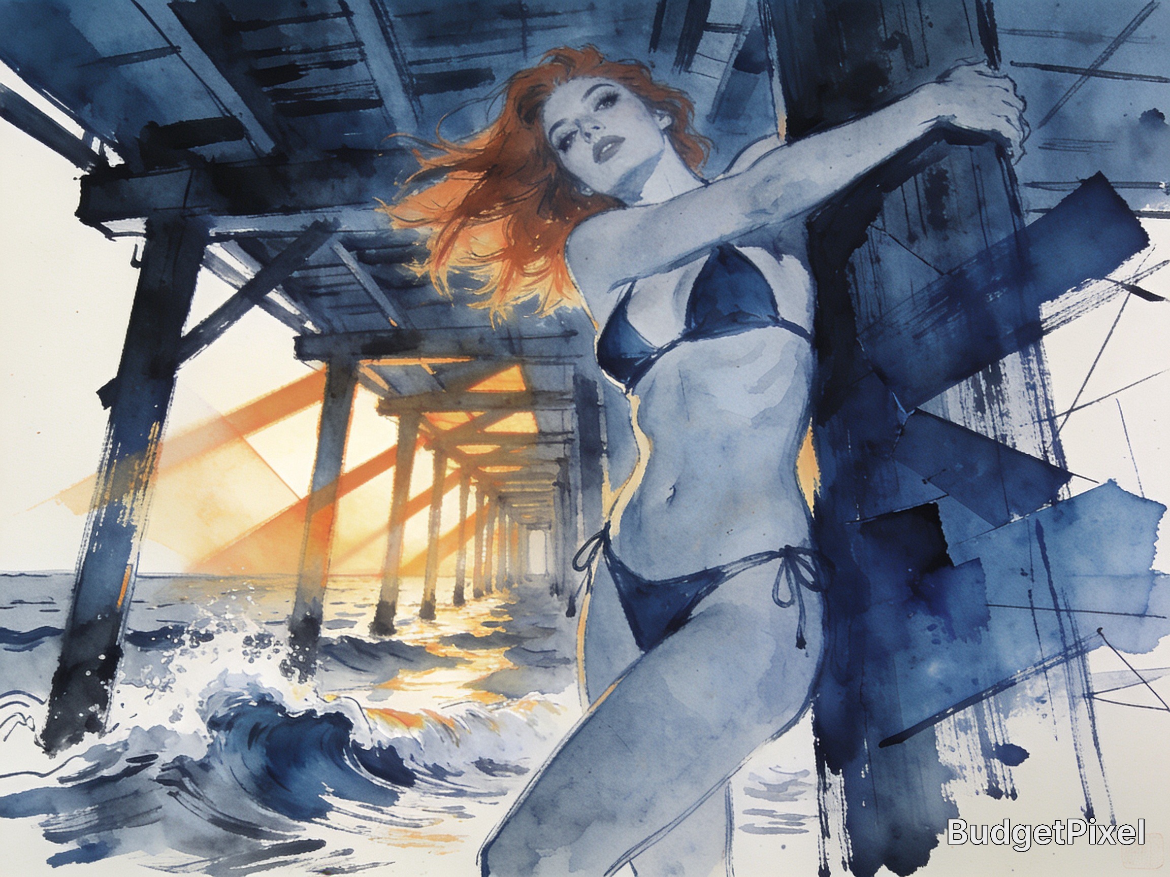 Watercolor illustration of a woman in a blue bikini leaning against a pier at sunset.