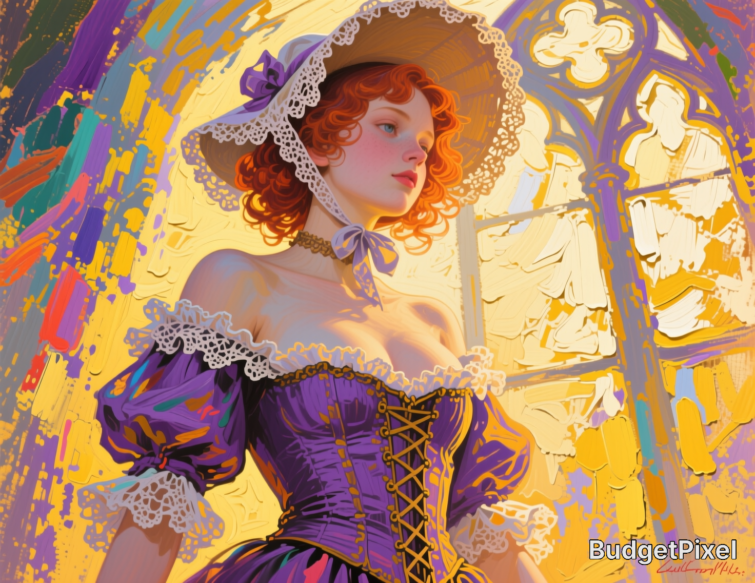 Woman in a purple Victorian dress with lace bonnet, colorful abstract background