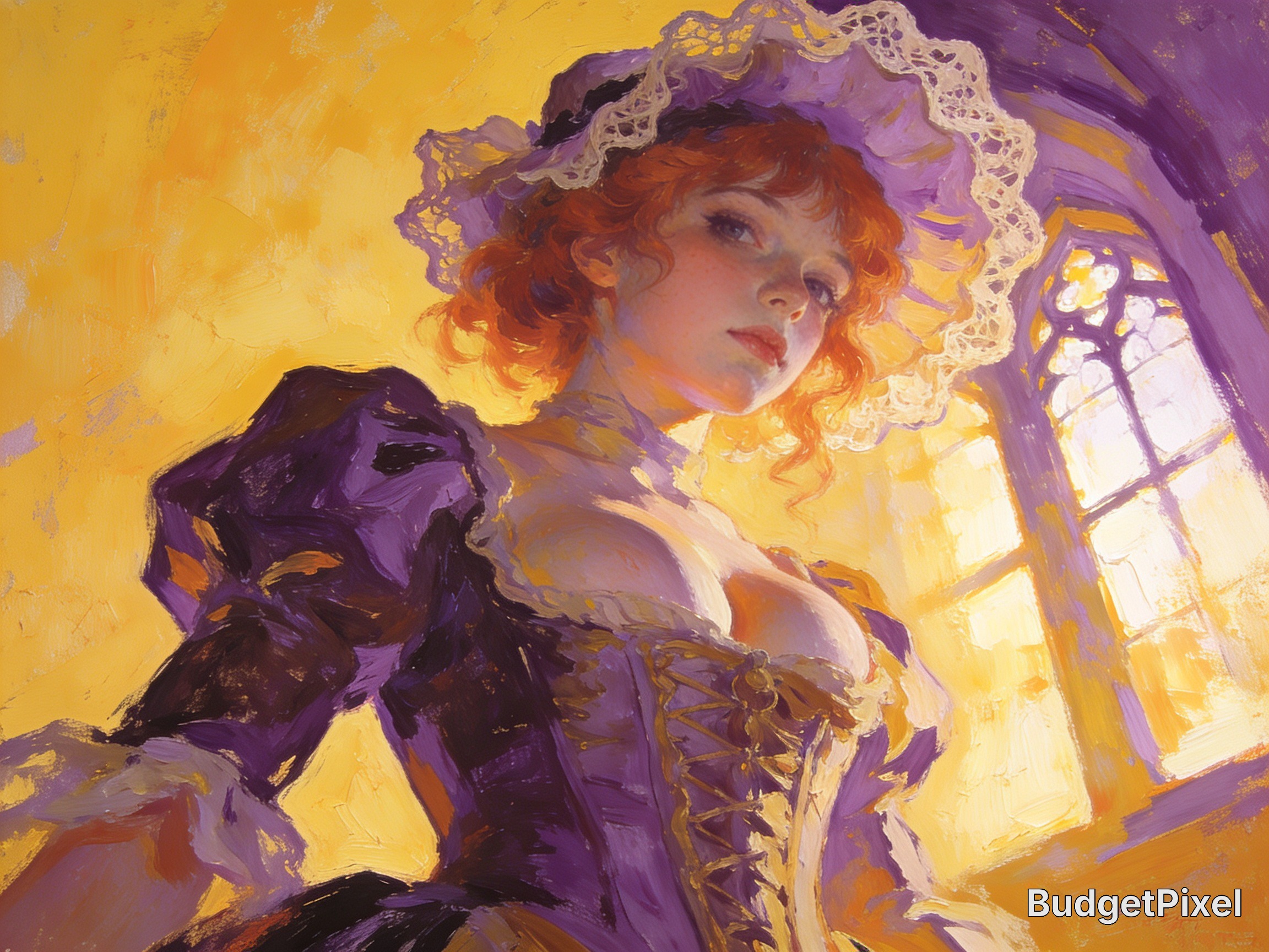 Portrait of a red-haired woman in a purple Victorian dress with lace bonnet bathed in warm sunlight.