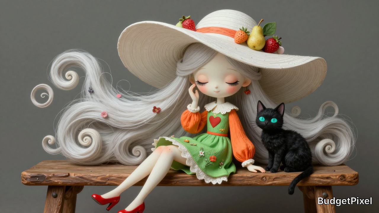 Whimsical doll with oversized straw hat and fruit decorations sits on a wooden bench beside a black cat.