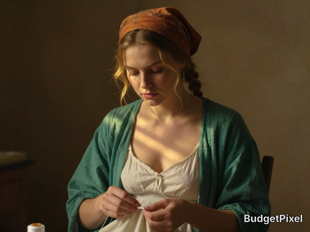 A young woman in a teal cardigan and orange headscarf sits sewing by warm, soft light.
