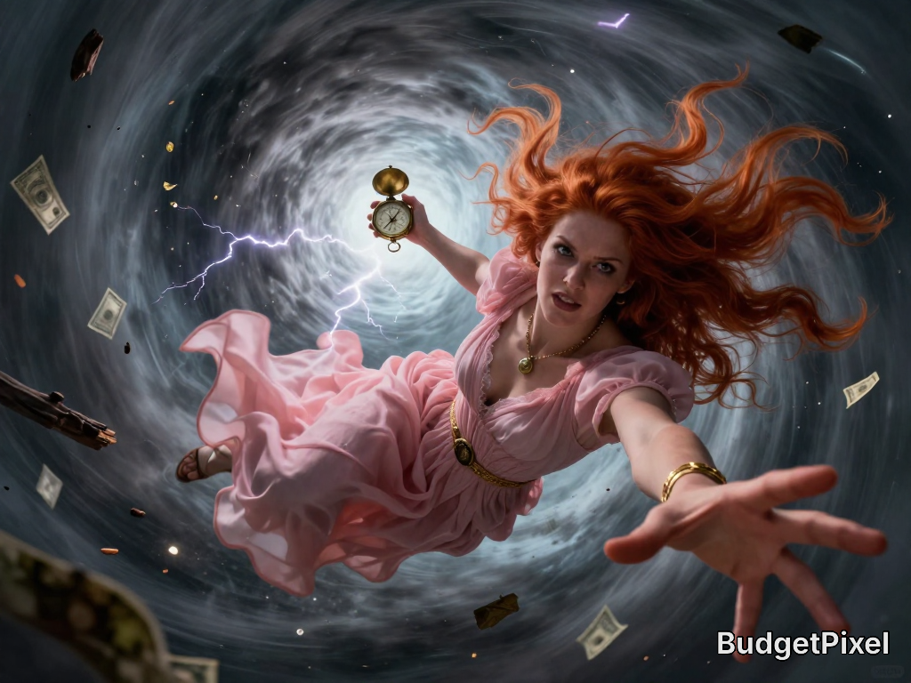 A red-haired woman in a pink flowing dress flies through a swirling vortex, timer in hand with money and lightning around ...