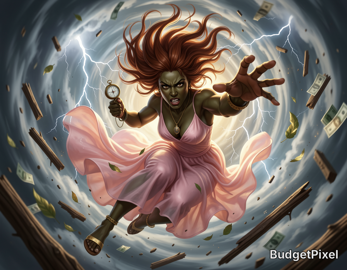 Fierce woman in a pink dress blasts through a vortex of lightning, money, and debris, clutching a pocket watch.